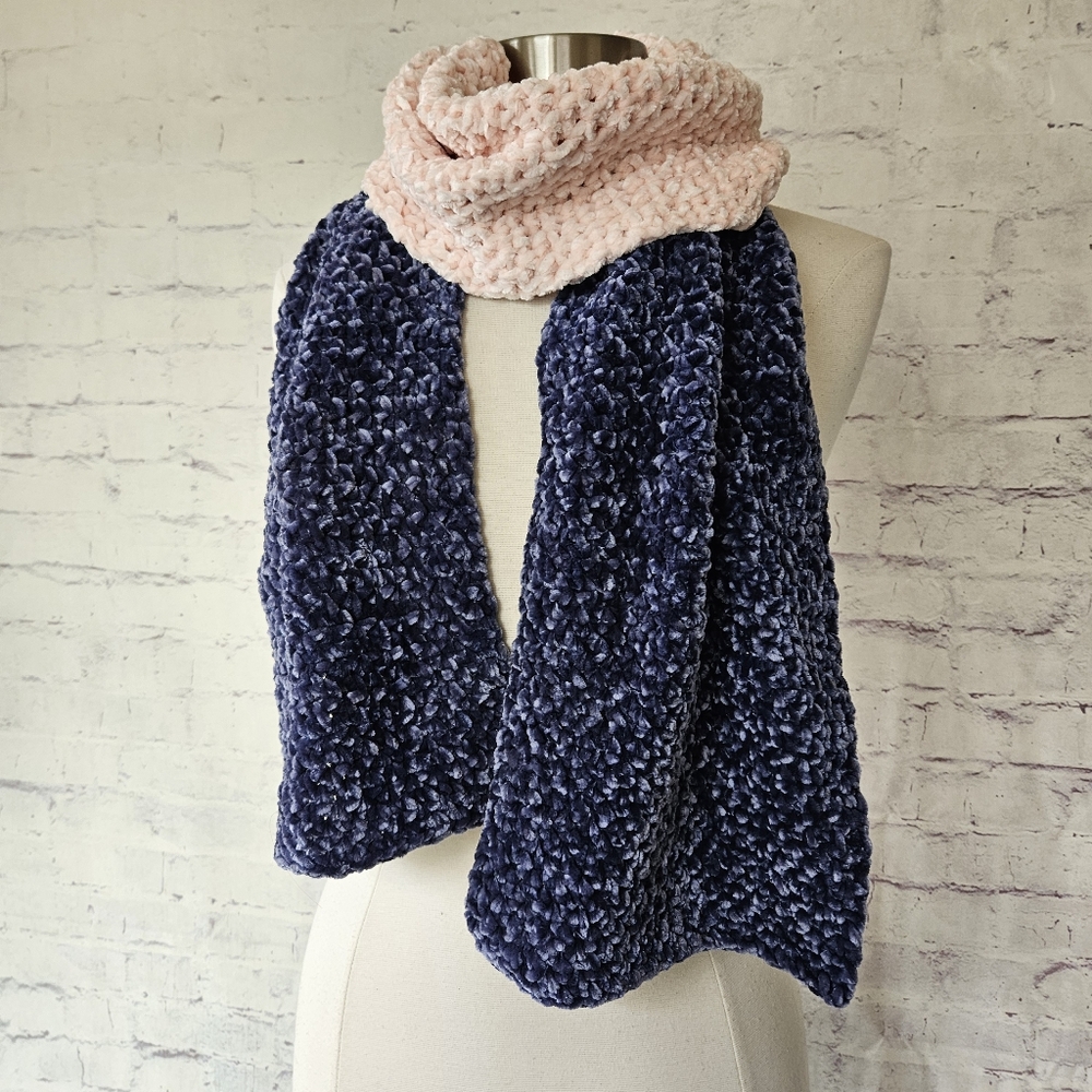 Handmade Crochet Velvet Yarn Pink Blue Colorblock Scarf